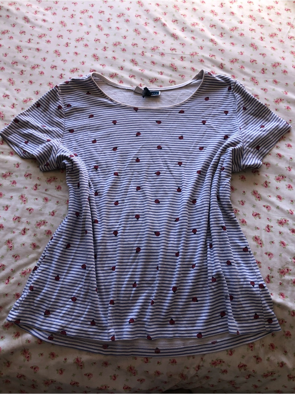 Karen Scott Navy and White Striped Short-Sleeve Top with Red Heart Motif